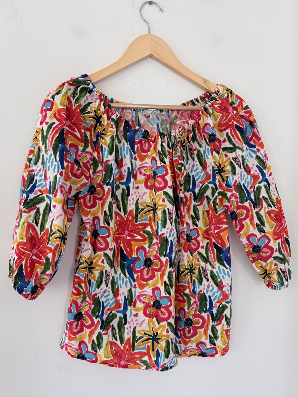 HESTER & ORCHARD Linen Blend S Colorful Floral Artsy Top Blouse Summer Vibrant